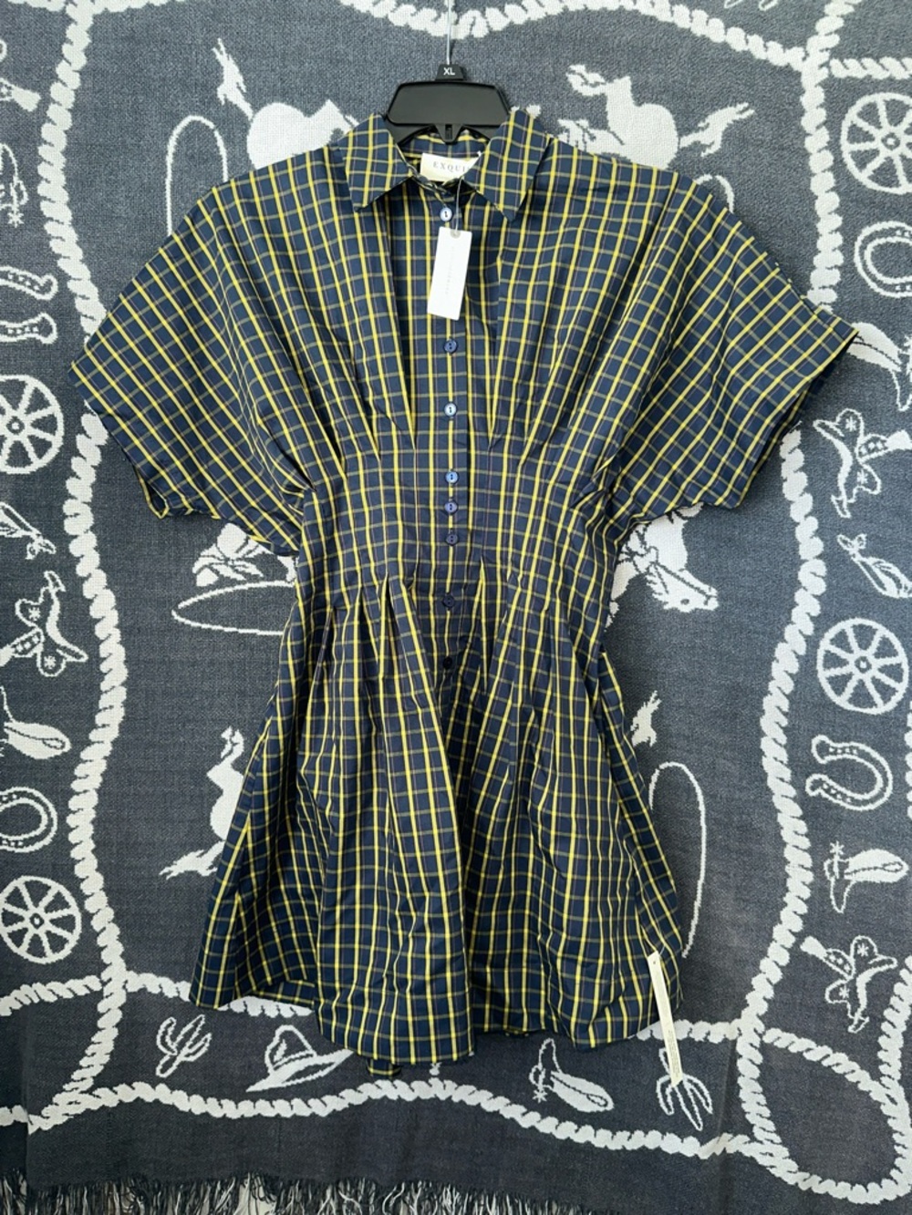 Plaid Button-Up Mini Dress in Navy and Yellow